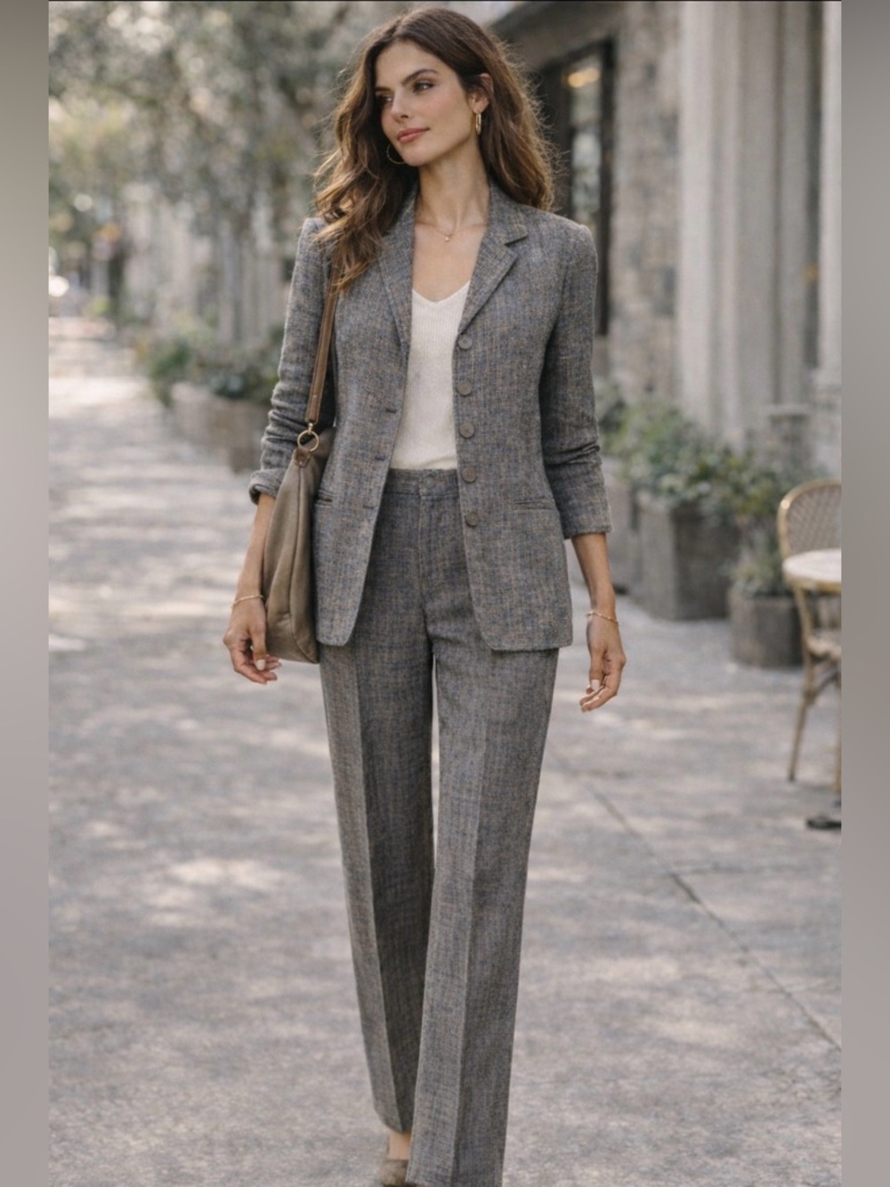 Ann Freedberg Linen Pant Suit Blue Gray Camel Blazer 6 Pants 4 Tailored Set